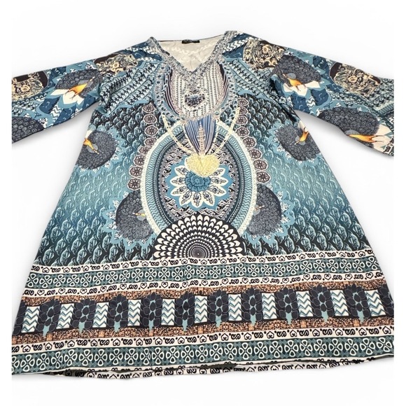 Sheilay Peacock Blue Pattern Kaftan Dress Resort Beach Cover Up Casual Dress XL - Picture 5 of 8